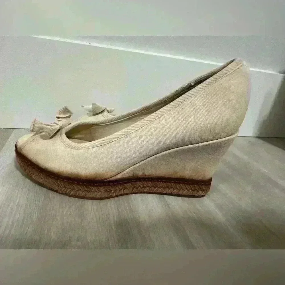 Tory Burch Espadrille Wedge Peep Toe Heels Cream Bow Logo Size 7.5